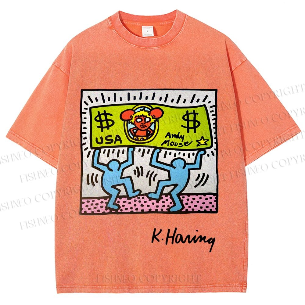 Unisex Keith Haring Andy Mouse Printed Washed Tee