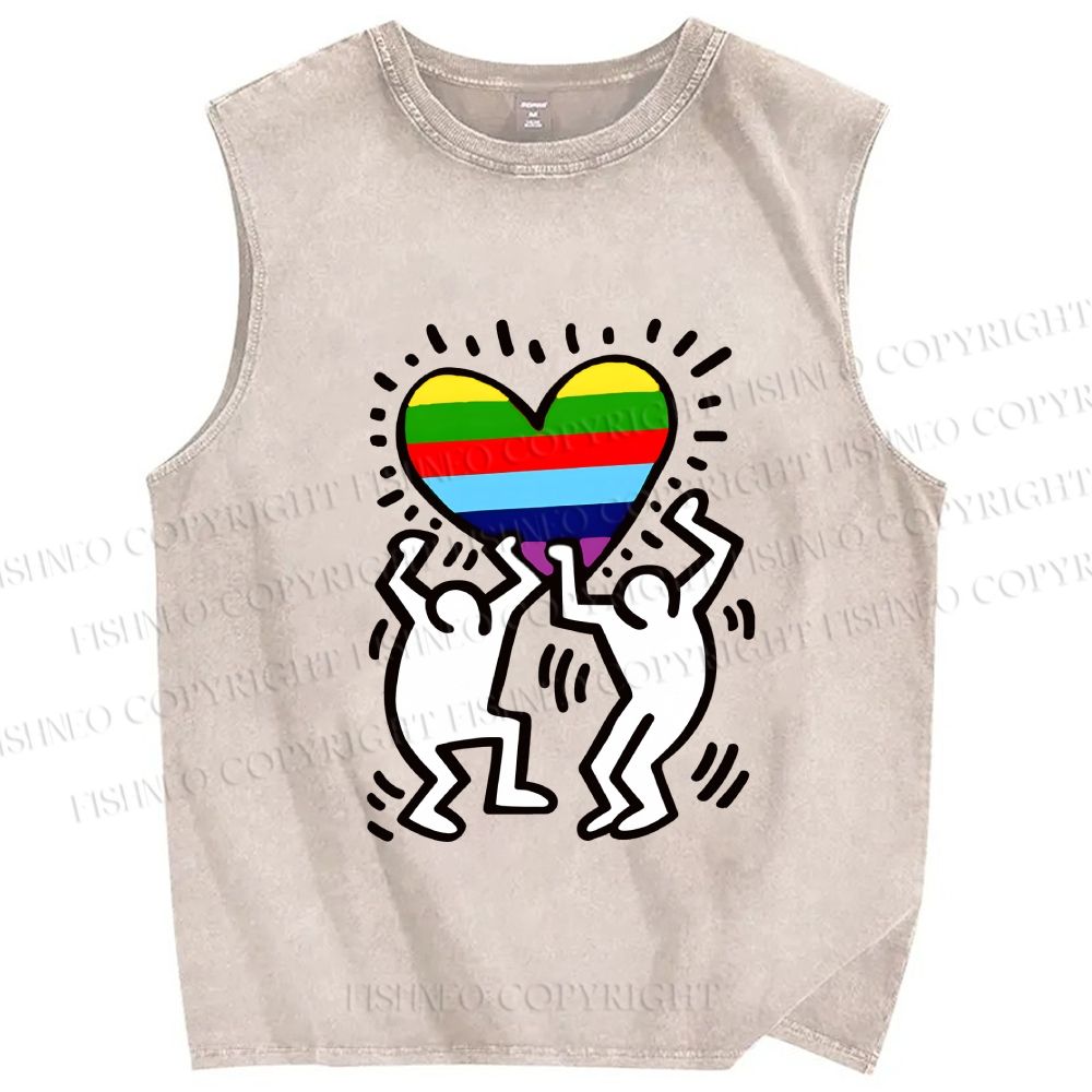 Unisex In Love Rainbow Keith Haring Printed Washed Tank Top
