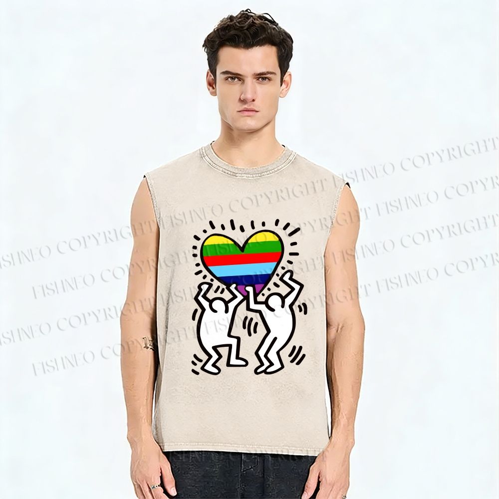Unisex In Love Rainbow Keith Haring Printed Washed Tank Top