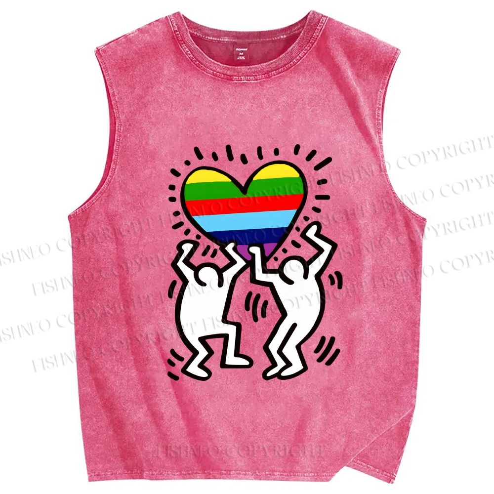 Unisex In Love Rainbow Keith Haring Printed Washed Tank Top