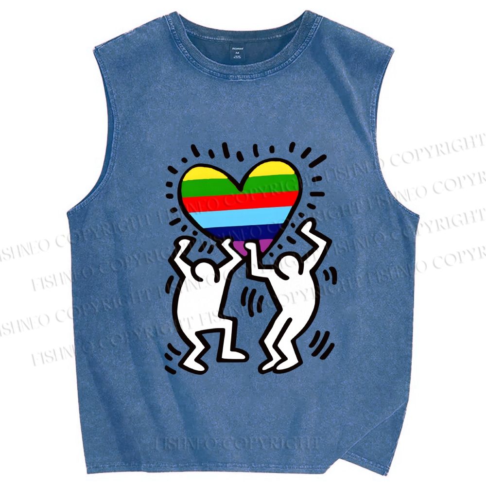 Unisex In Love Rainbow Keith Haring Printed Washed Tank Top