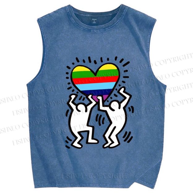 Unisex In Love Rainbow Keith Haring Printed Washed Tank Top