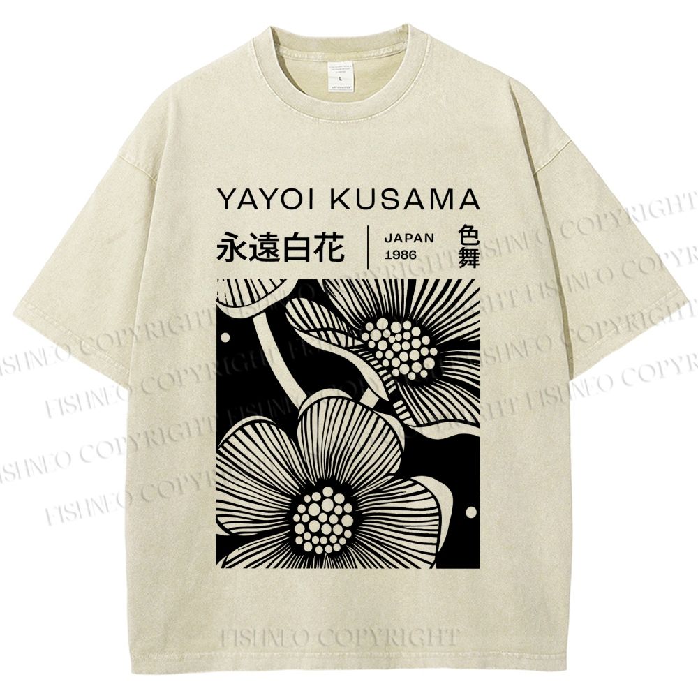 Unisex Yayoi Kusama Black Flower Printed Washed Tee