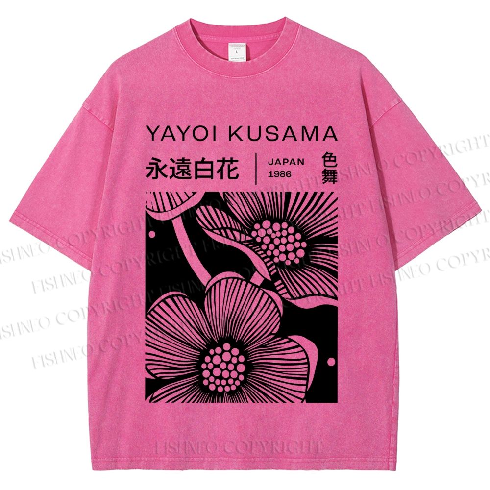 Unisex Yayoi Kusama Black Flower Printed Washed Tee