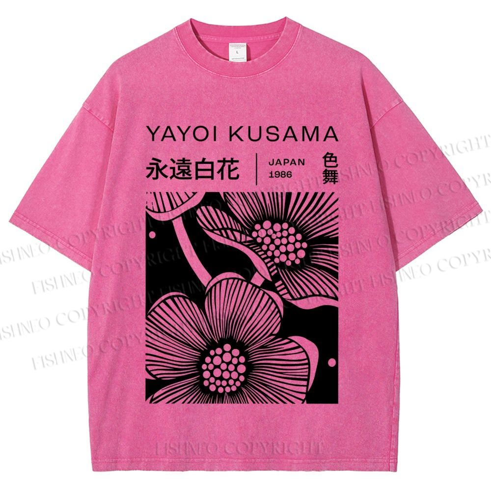 Unisex Yayoi Kusama Black Flower Printed Washed Tee