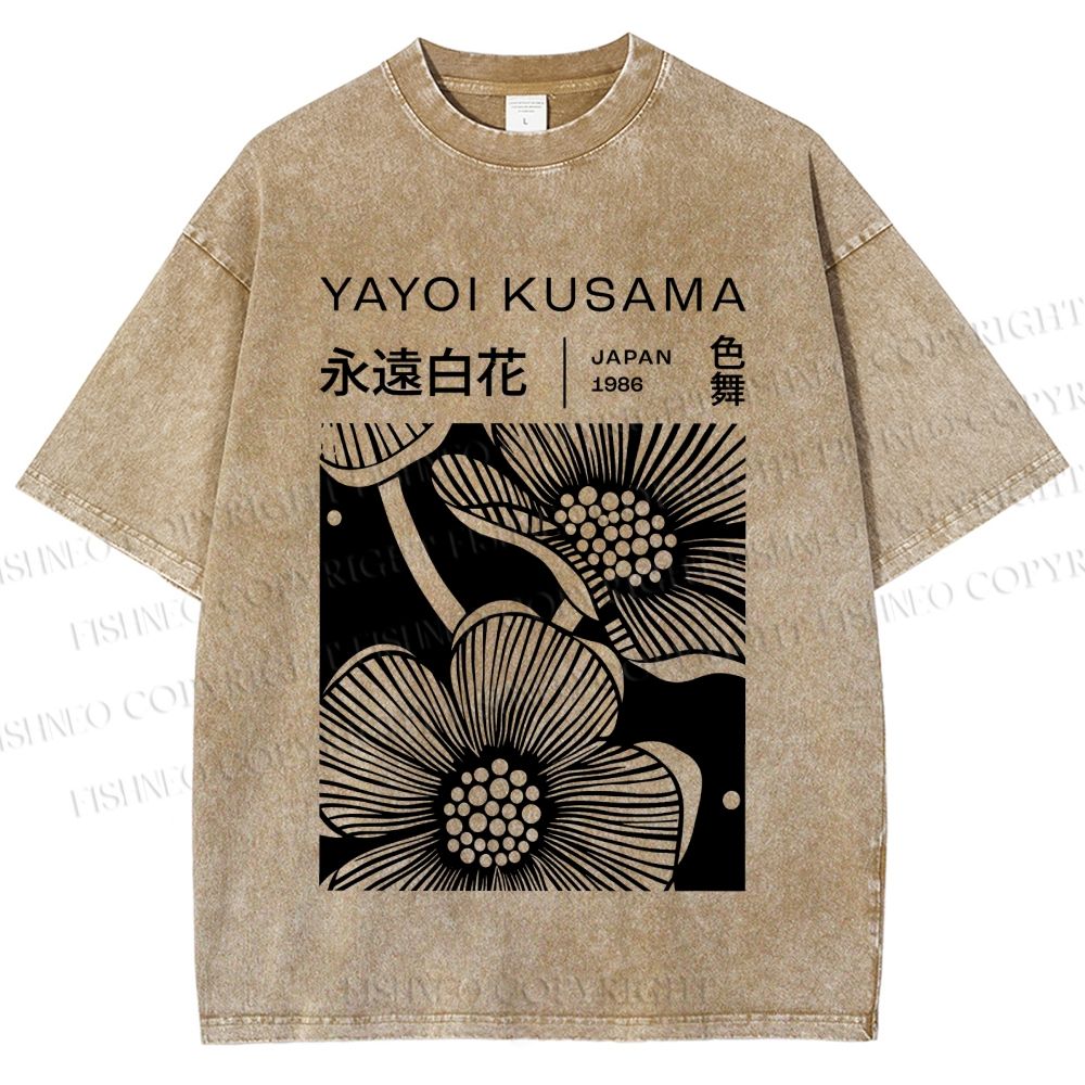Unisex Yayoi Kusama Black Flower Printed Washed Tee