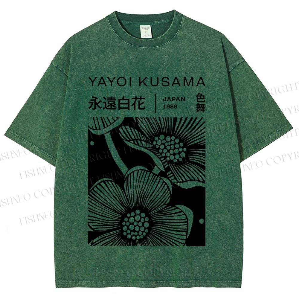 Unisex Yayoi Kusama Black Flower Printed Washed Tee