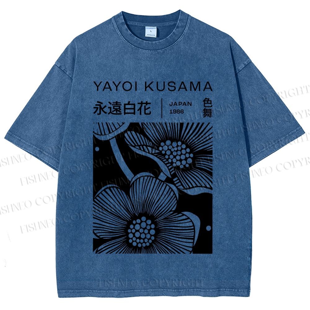 Unisex Yayoi Kusama Black Flower Printed Washed Tee