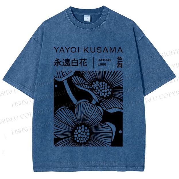 Unisex Yayoi Kusama Black Flower Printed Washed Tee