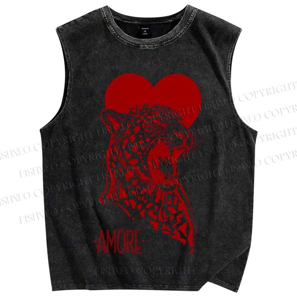 Unisex Amore Leopard Printed Washed Tank Top