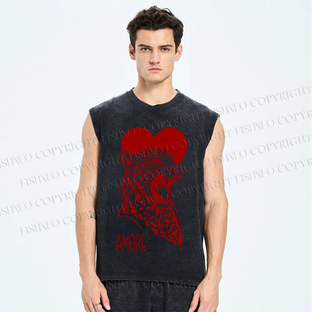 Unisex Amore Leopard Printed Washed Tank Top