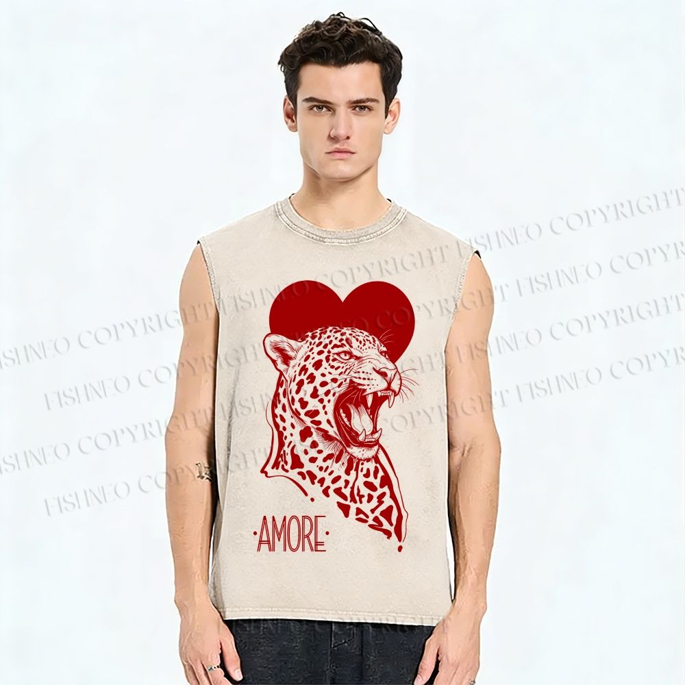 Unisex Amore Leopard Printed Washed Tank Top