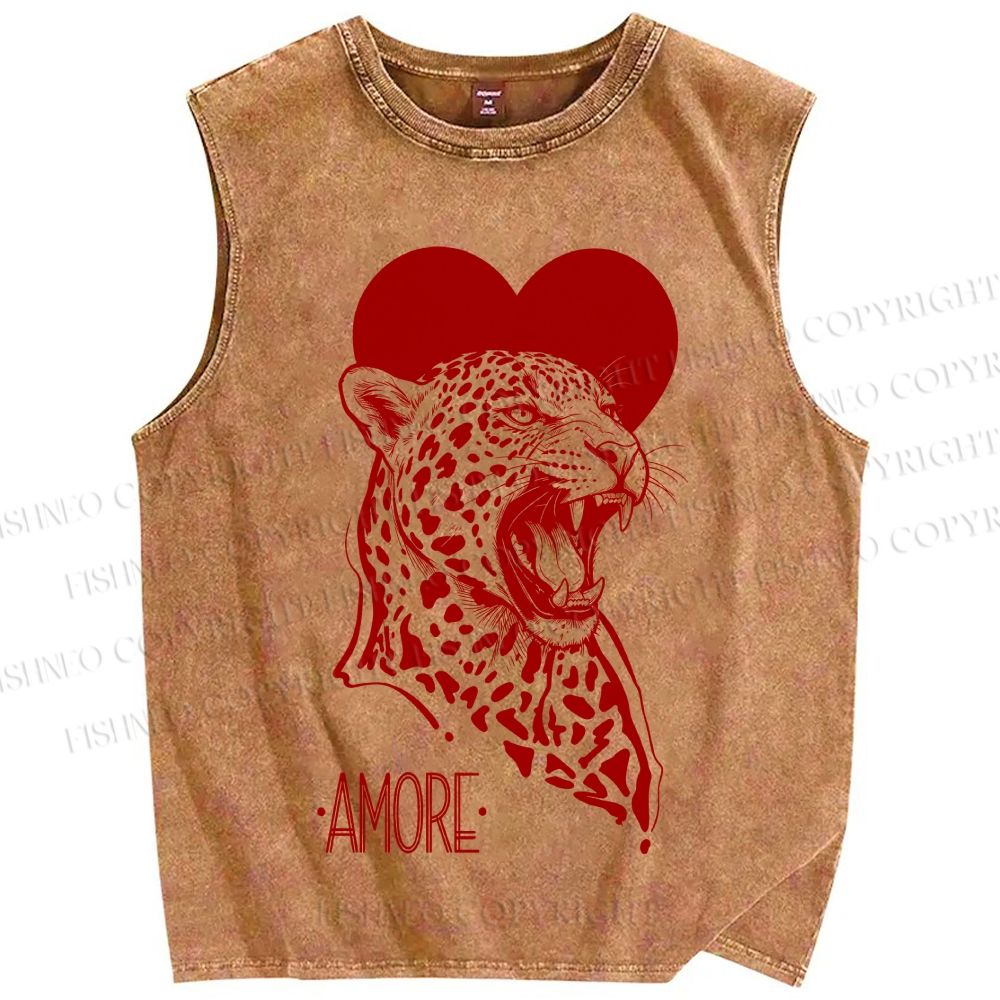 Unisex Amore Leopard Printed Washed Tank Top