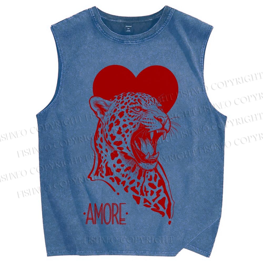 Unisex Amore Leopard Printed Washed Tank Top