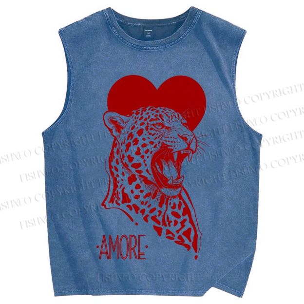 Unisex Amore Leopard Printed Washed Tank Top