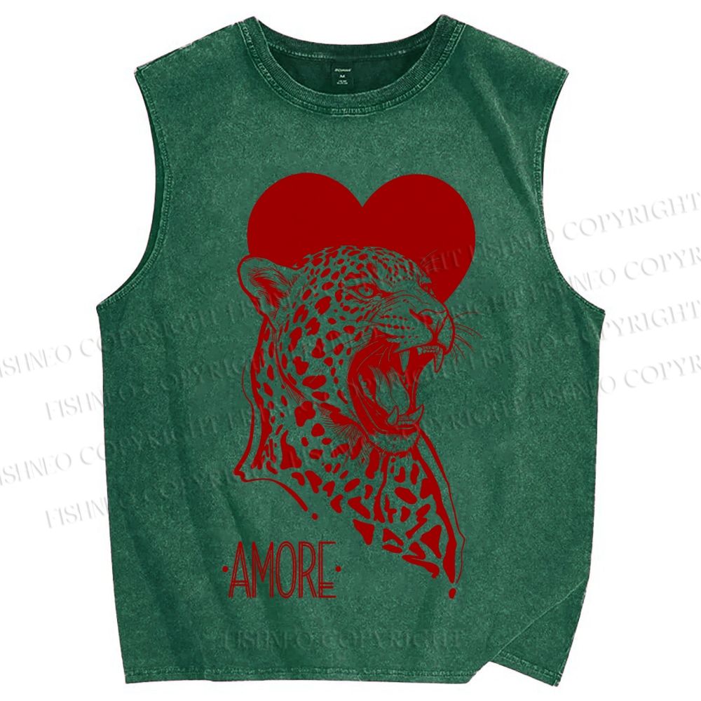 Unisex Amore Leopard Printed Washed Tank Top