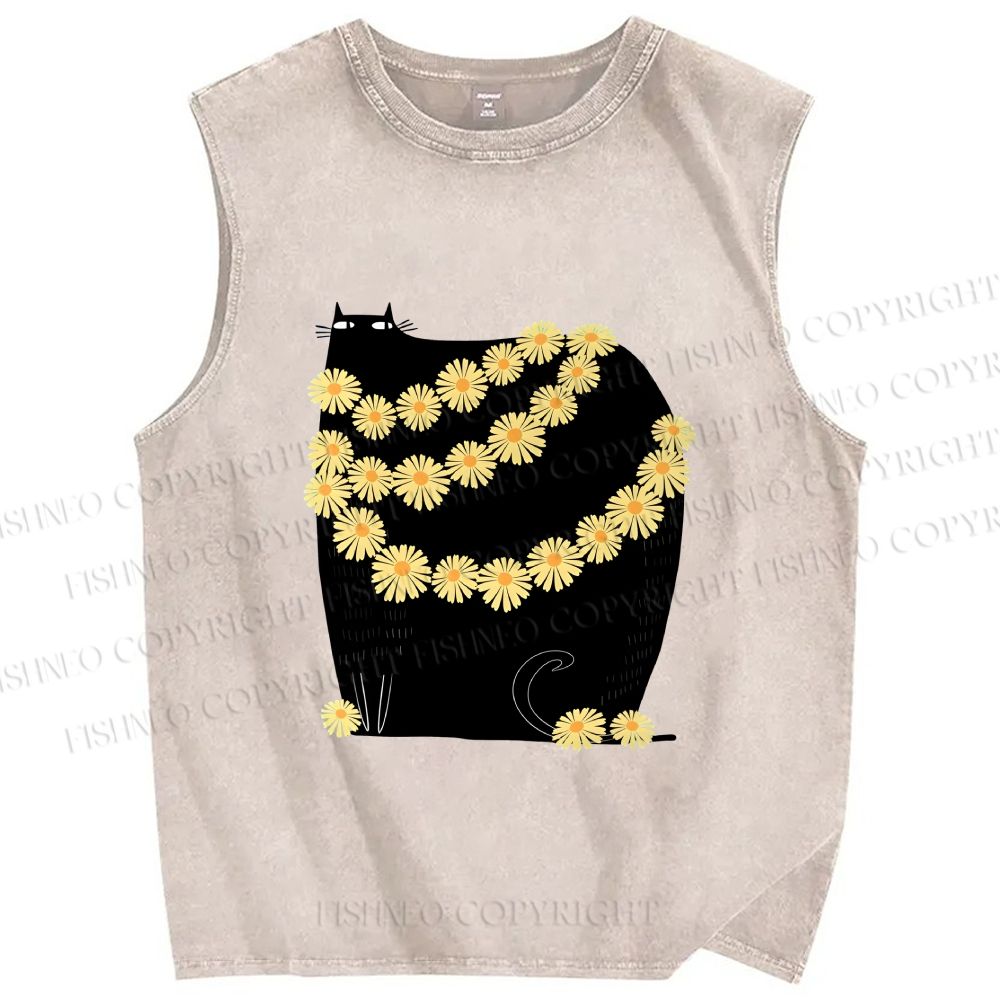Unisex Black Cat With Daisy Printed Washed Tank Top