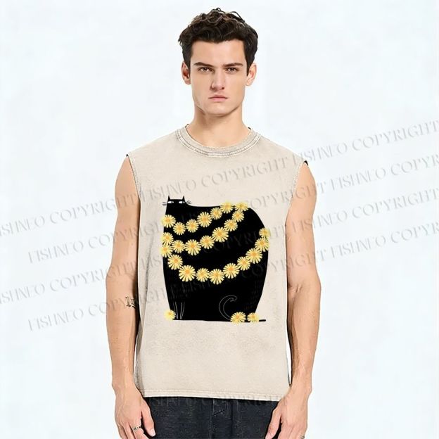 Unisex Black Cat With Daisy Printed Washed Tank Top