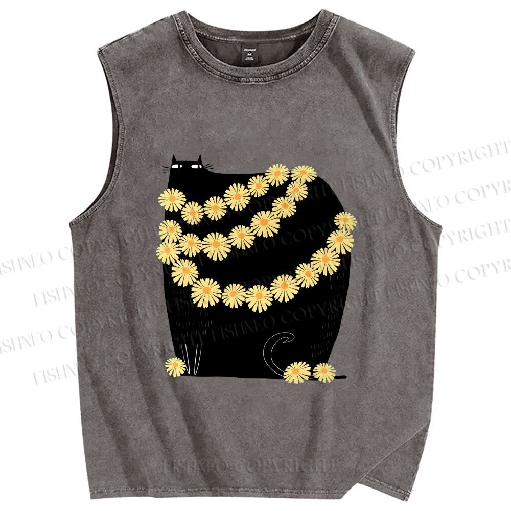 Unisex Black Cat With Daisy Printed Washed Tank Top