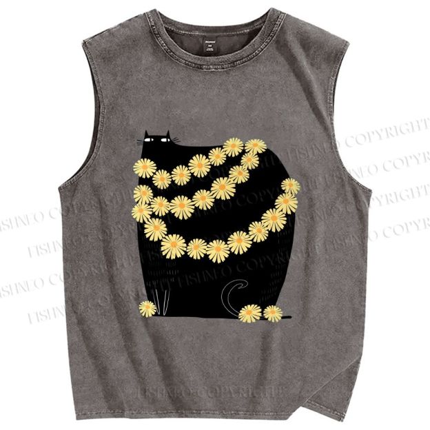 Unisex Black Cat With Daisy Printed Washed Tank Top