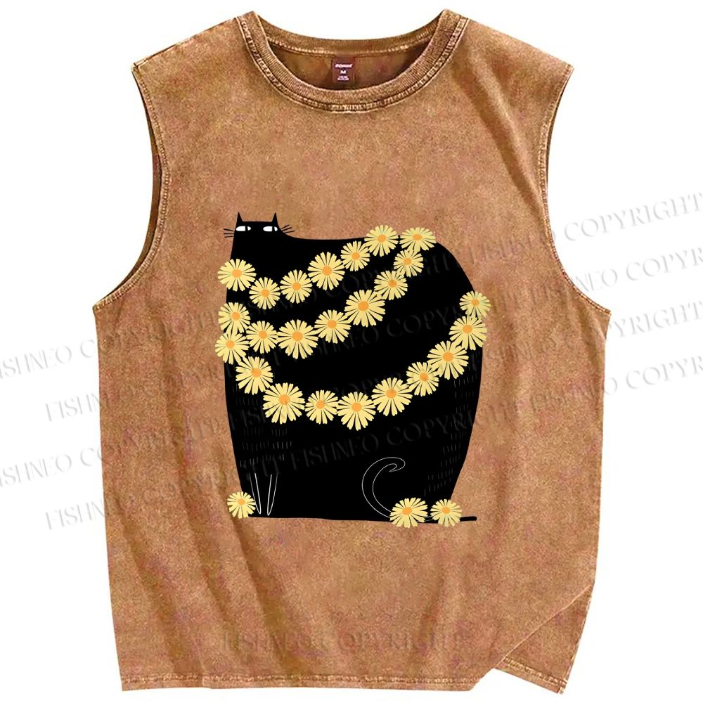 Unisex Black Cat With Daisy Printed Washed Tank Top