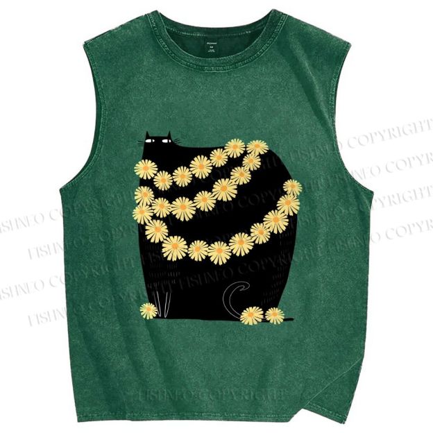 Unisex Black Cat With Daisy Printed Washed Tank Top