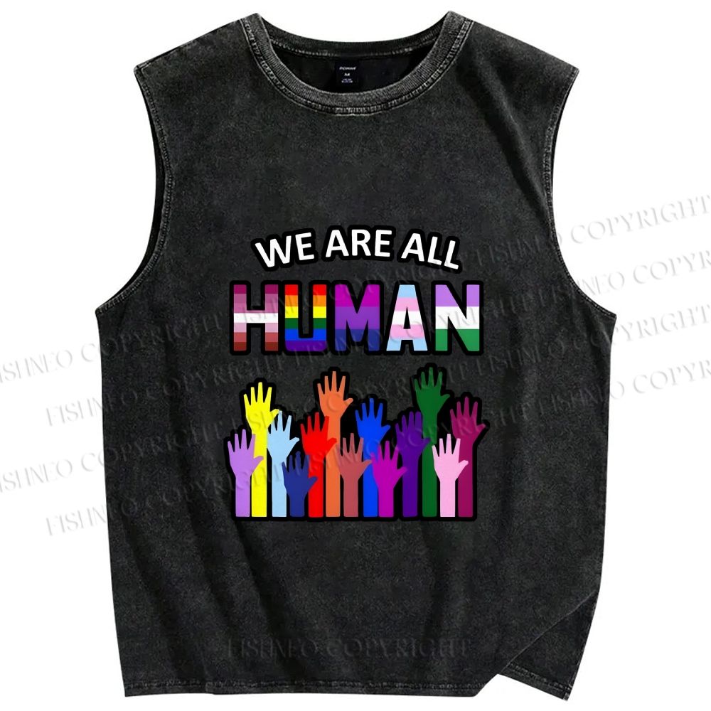 Unisex Pride We Are All Human Printed Washed Tank Top