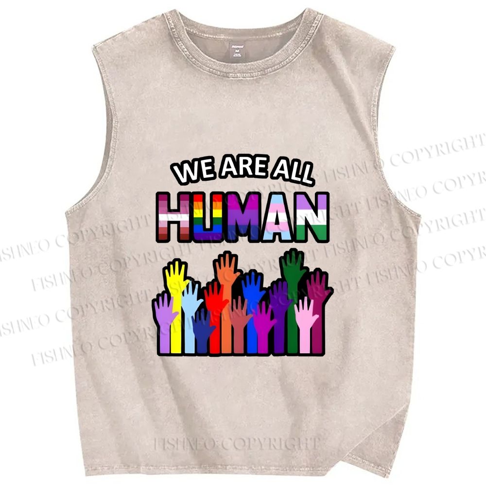 Unisex Pride We Are All Human Printed Washed Tank Top