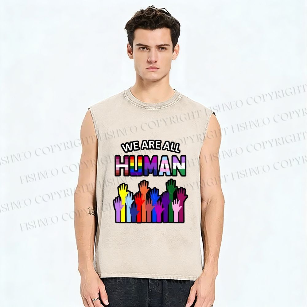 Unisex Pride We Are All Human Printed Washed Tank Top