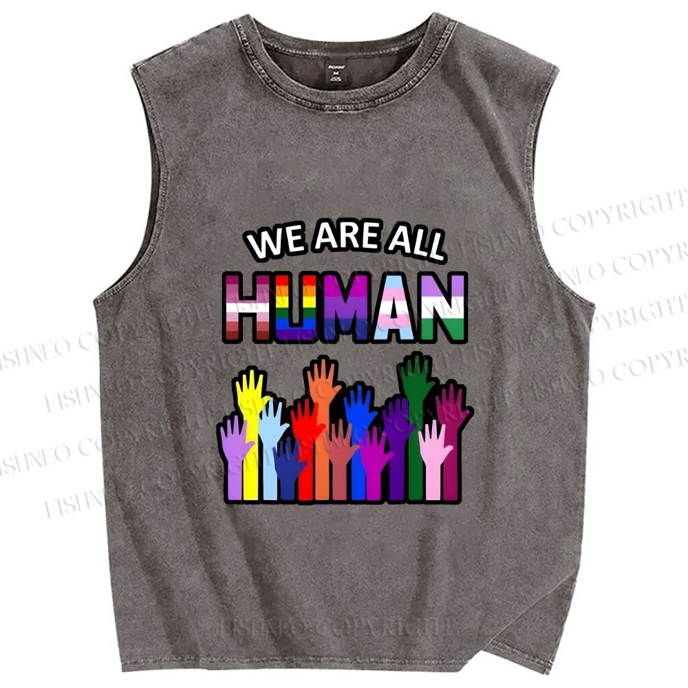 Unisex Pride We Are All Human Printed Washed Tank Top
