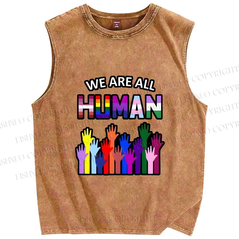 Unisex Pride We Are All Human Printed Washed Tank Top