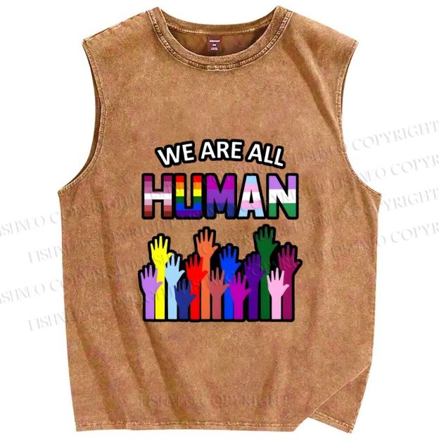 Unisex Pride We Are All Human Printed Washed Tank Top