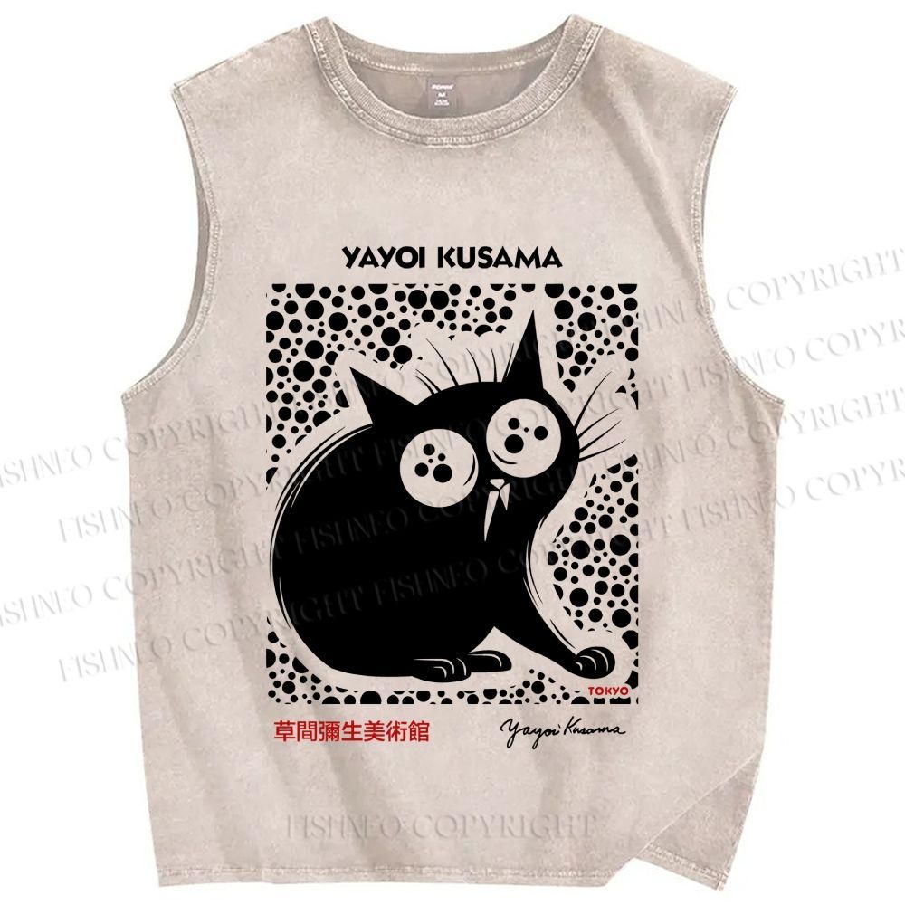 Unisex Yayoi Kusama Silly Black Cat Printed Washed Tank Top
