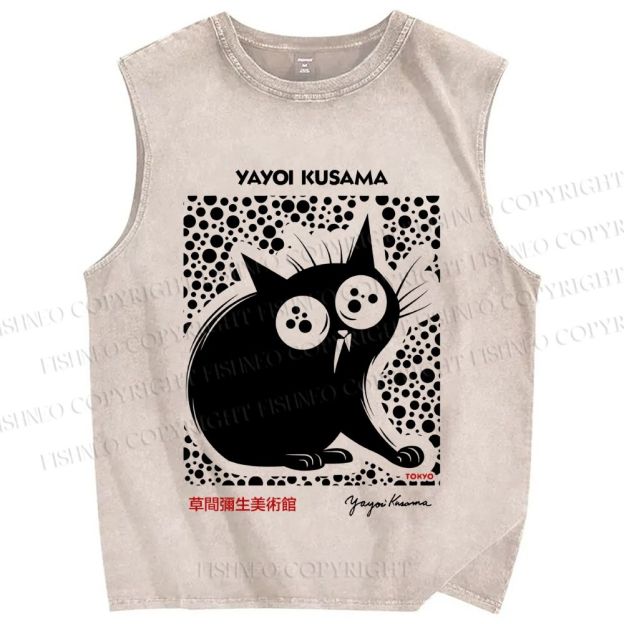 Unisex Yayoi Kusama Silly Black Cat Printed Washed Tank Top