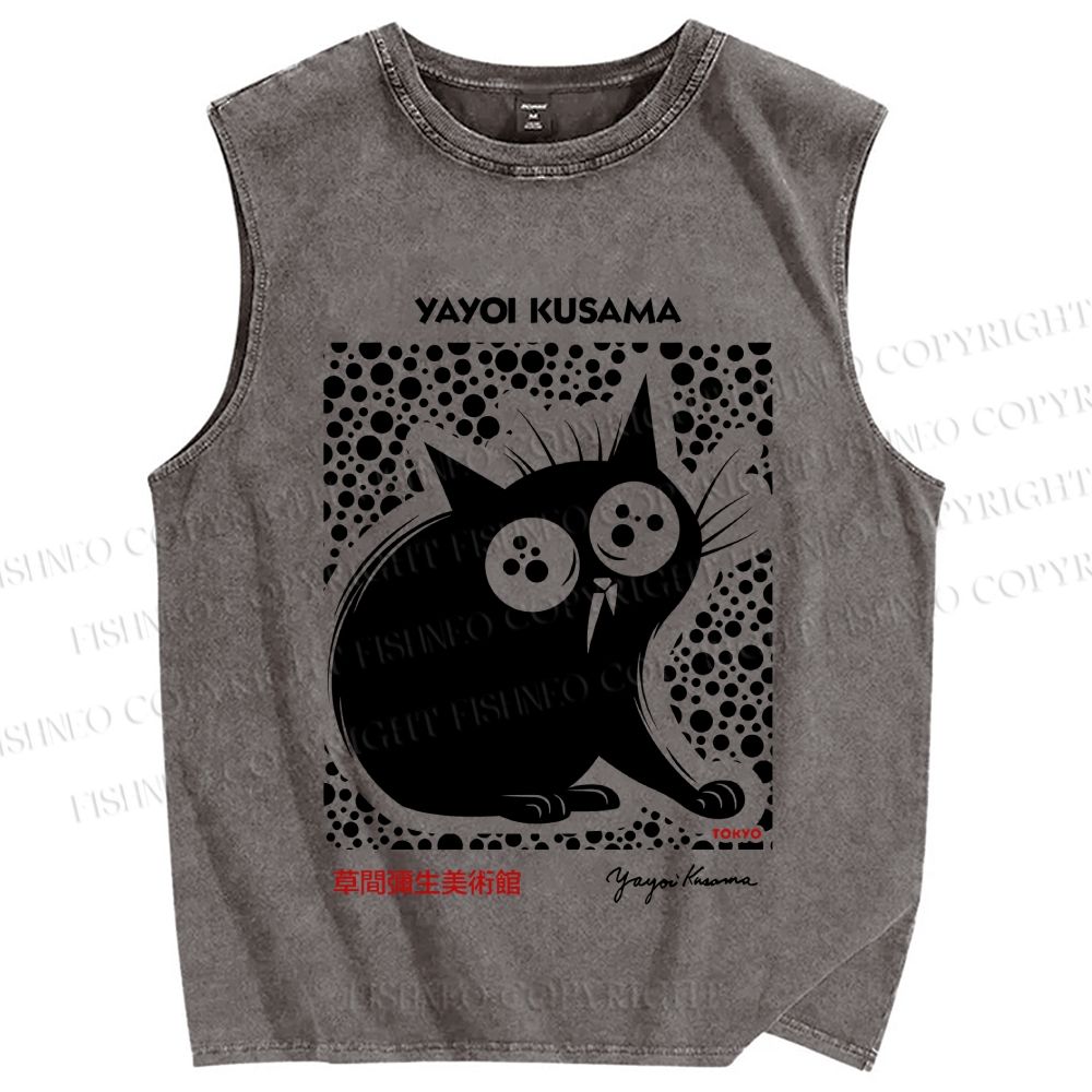 Unisex Yayoi Kusama Silly Black Cat Printed Washed Tank Top