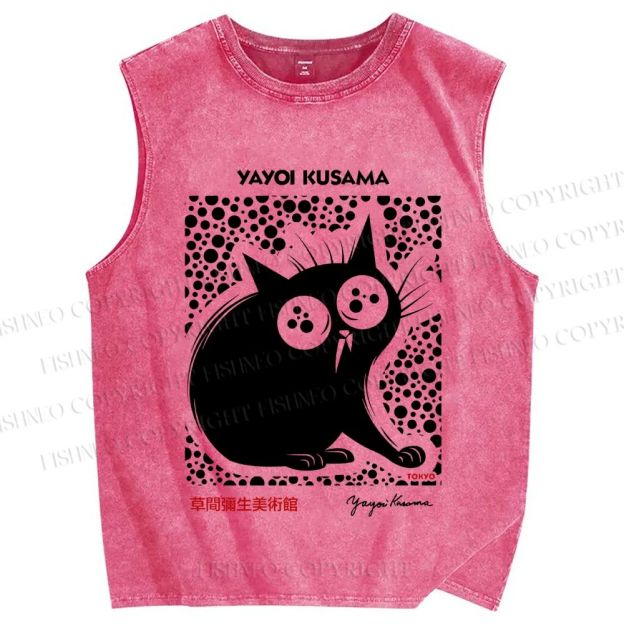 Unisex Yayoi Kusama Silly Black Cat Printed Washed Tank Top