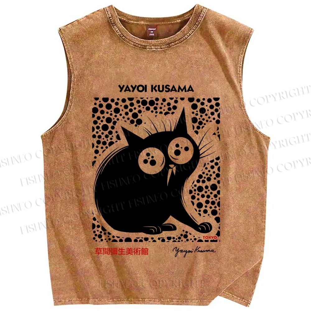 Unisex Yayoi Kusama Silly Black Cat Printed Washed Tank Top