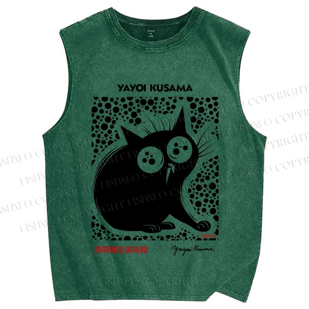 Unisex Yayoi Kusama Silly Black Cat Printed Washed Tank Top