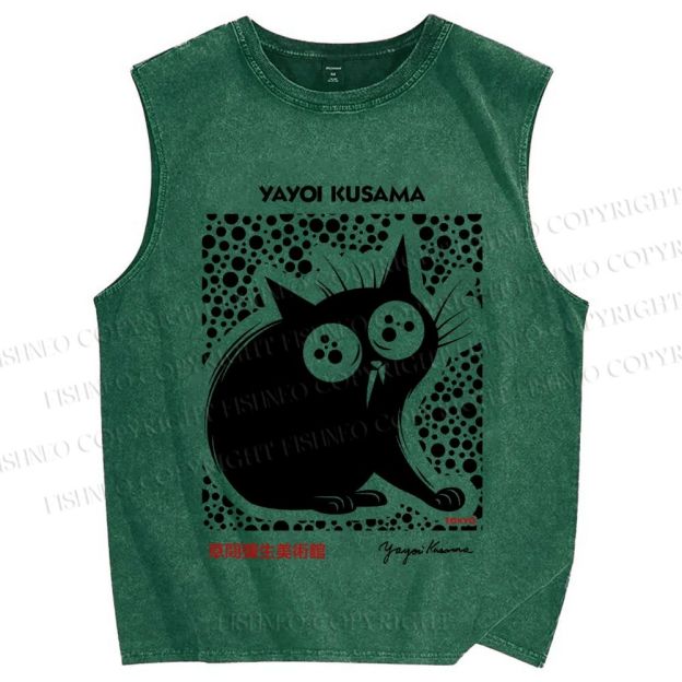 Unisex Yayoi Kusama Silly Black Cat Printed Washed Tank Top