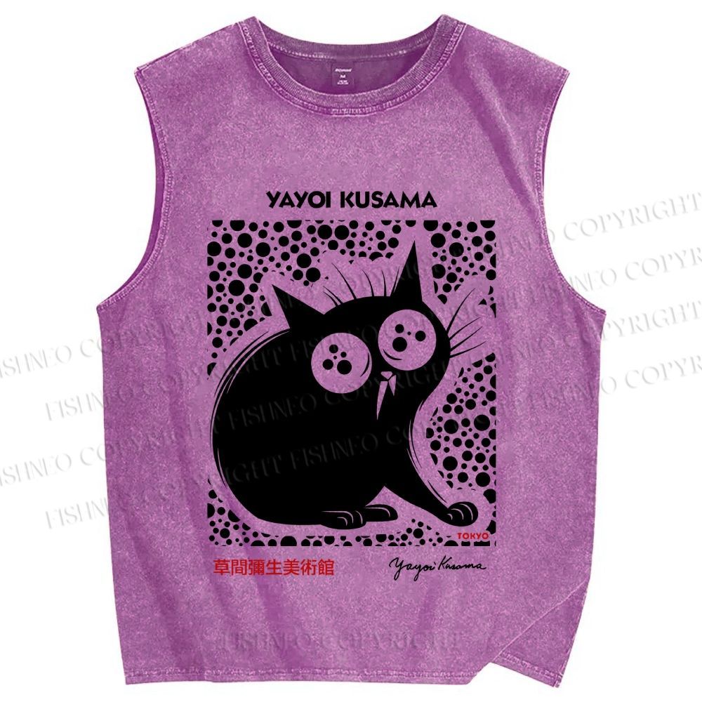 Unisex Yayoi Kusama Silly Black Cat Printed Washed Tank Top