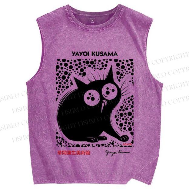 Unisex Yayoi Kusama Silly Black Cat Printed Washed Tank Top