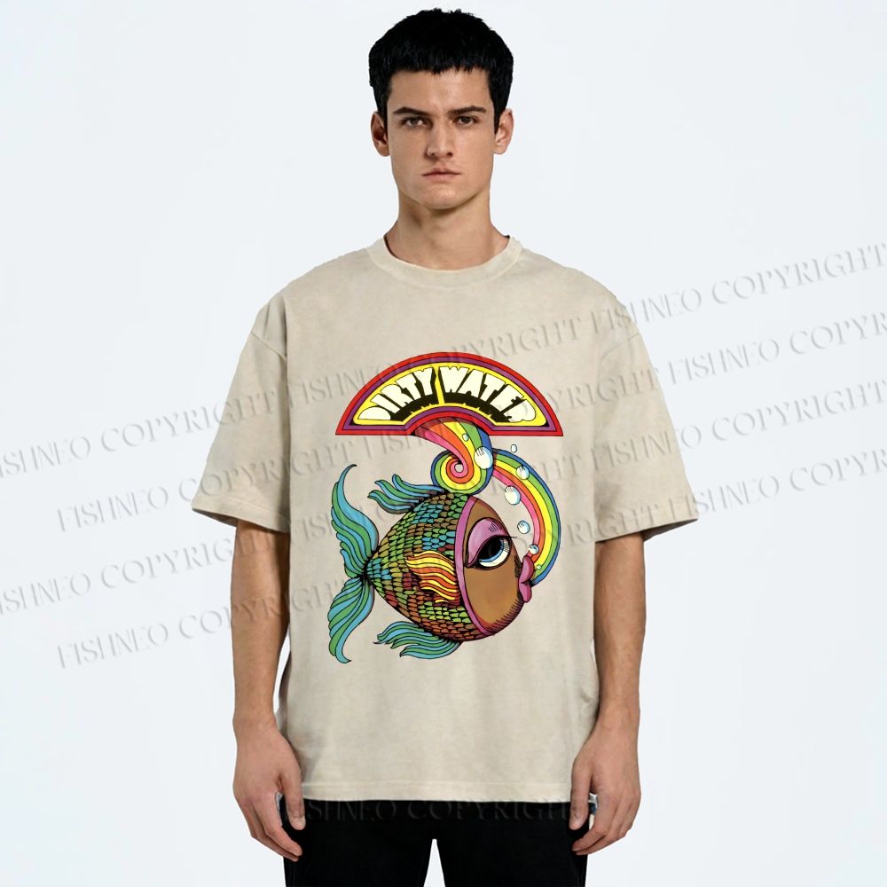 Unisex Funny Charming Fish In Dirty Water Printed Washed Tee