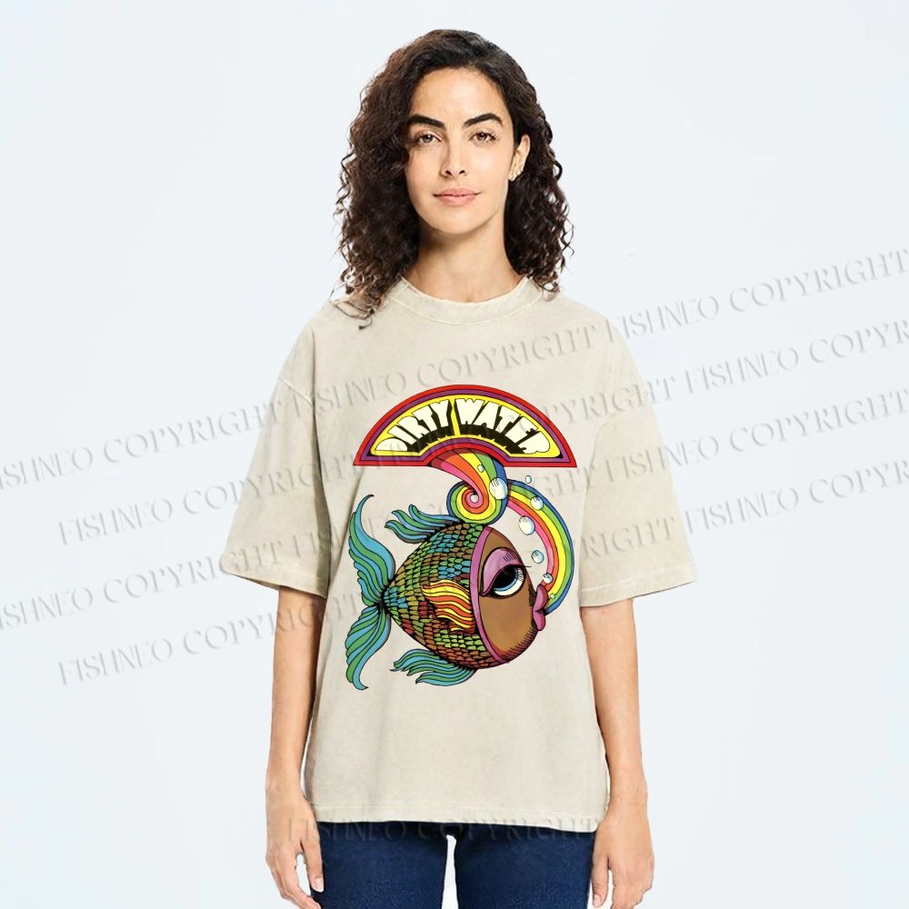Unisex Funny Charming Fish In Dirty Water Printed Washed Tee