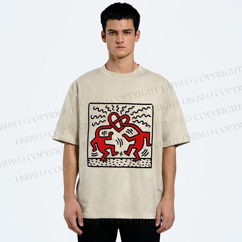 Unisex Keith Haring Fall in Love Printed Washed Tee