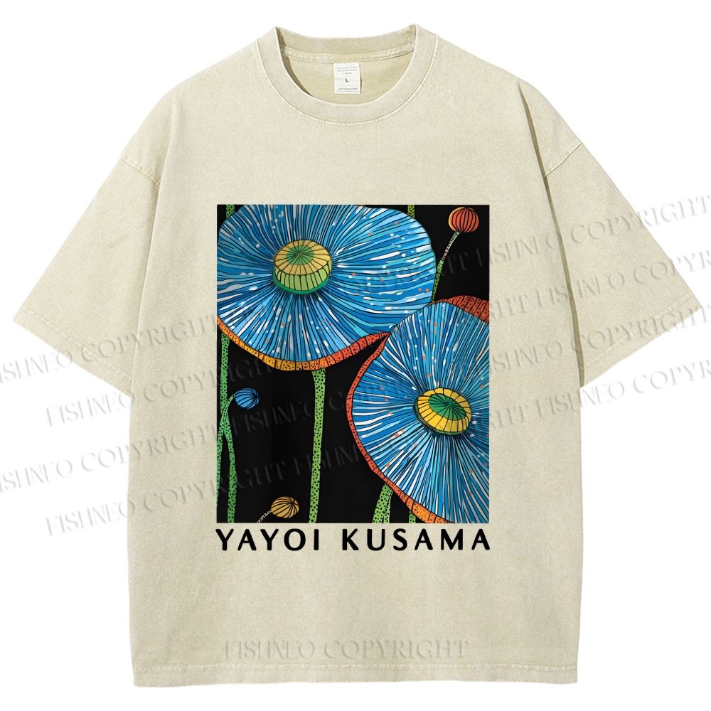 Unisex Yayoi Kusama Giant Blue Flowers Printed Washed Tee