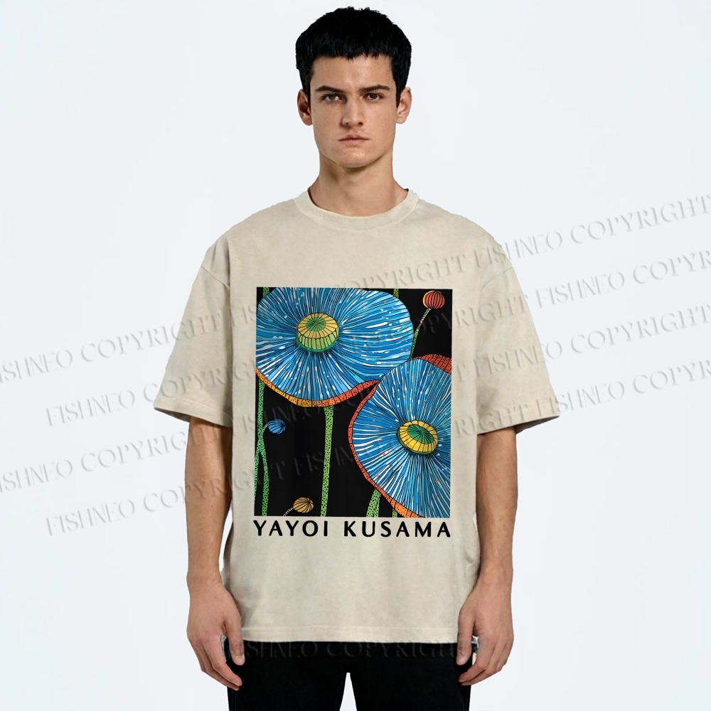 Unisex Yayoi Kusama Giant Blue Flowers Printed Washed Tee