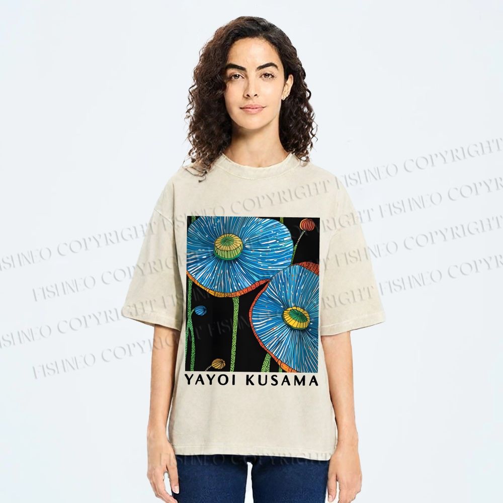 Unisex Yayoi Kusama Giant Blue Flowers Printed Washed Tee