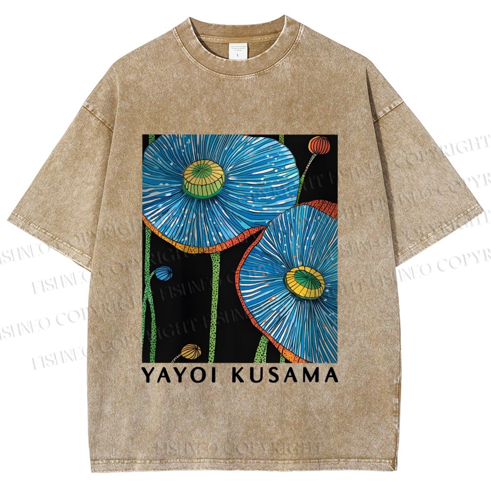 Unisex Yayoi Kusama Giant Blue Flowers Printed Washed Tee