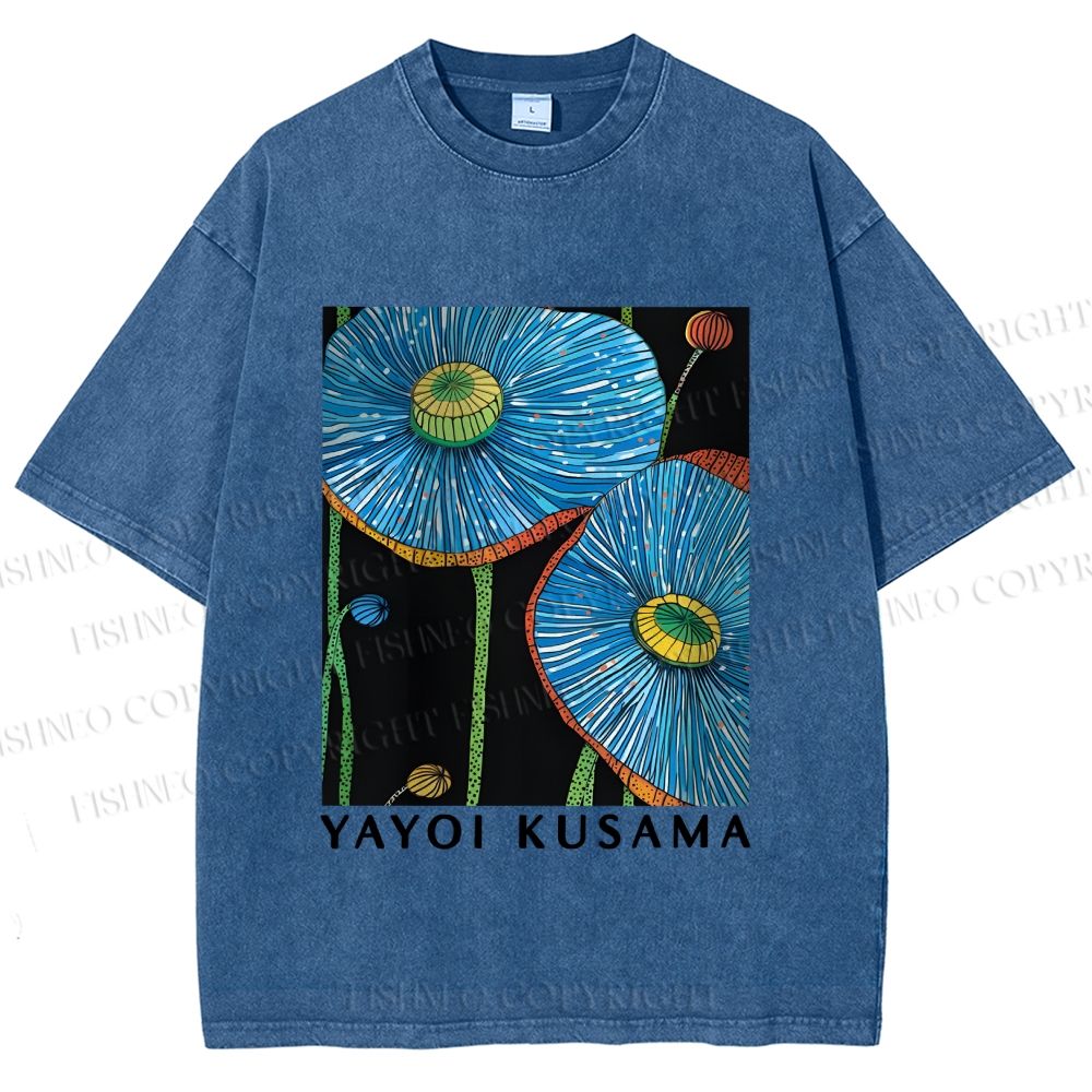Unisex Yayoi Kusama Giant Blue Flowers Printed Washed Tee