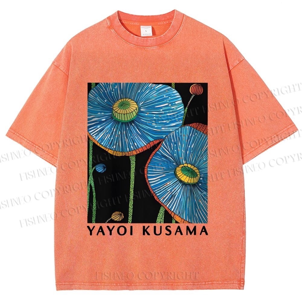 Unisex Yayoi Kusama Giant Blue Flowers Printed Washed Tee